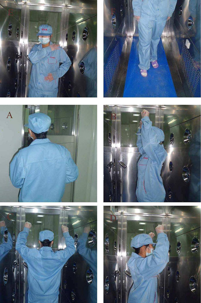 進(jìn)入風(fēng)淋室前無塵服應(yīng)穿著得當(dāng)，袖口和領(lǐng)口需拉緊，避免衣物內(nèi)外的塵埃進(jìn)入。